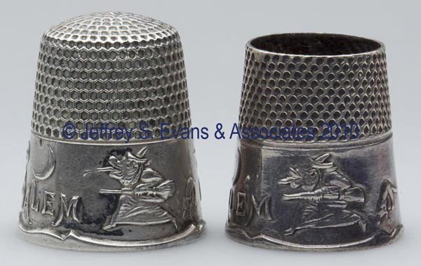 KETCHAM & MCDOUGALL STERLING SILVER "SALEM WITCH" T: KETCHAM & MCDOUGALL STERLING SILVER "SALEM WITCH" THIMBLE, impressed "PAT SEP / 20 81"on band, size 10, maker's mark in apex. Together with an unmarked silver-like open end reproduction example. Two p
