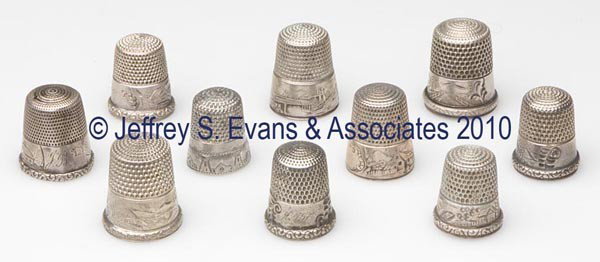 SIMONS BROTHERS STERLING SILVER SCENIC THIMBLES, LO: SIMONS BROTHERS STERLING SILVER SCENIC THIMBLES, LOT OF TEN, various chased and engraved landscapes. Each with maker's mark in apex, three with monograms. Late 19th/early 20th century.9/16" to 15/16" 