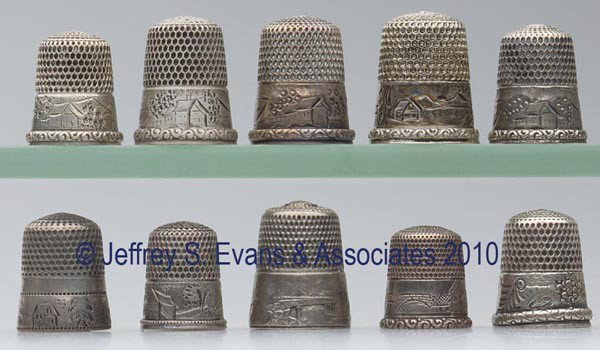 SIMONS BROTHERS STERLING SILVER SCENIC THIMBLES, LO: SIMONS BROTHERS STERLING SILVER SCENIC THIMBLES, LOT OF TEN, various chased and engraved landscapes. Each with maker's mark in apex, three with monograms. Late 19th/early 20th century. 7/16" to 15/16"