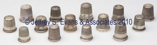 SIMONS BROTHERS STERLING SILVER THIMBLES, LOT OF 14: SIMONS BROTHERS STERLING SILVER THIMBLES, LOT OF 14, utilitarian and various scroll patterns, including Faceted Rim; French Knurl; Wave Scroll; and Repeating Scrolls. Each with maker's mark in apex, o