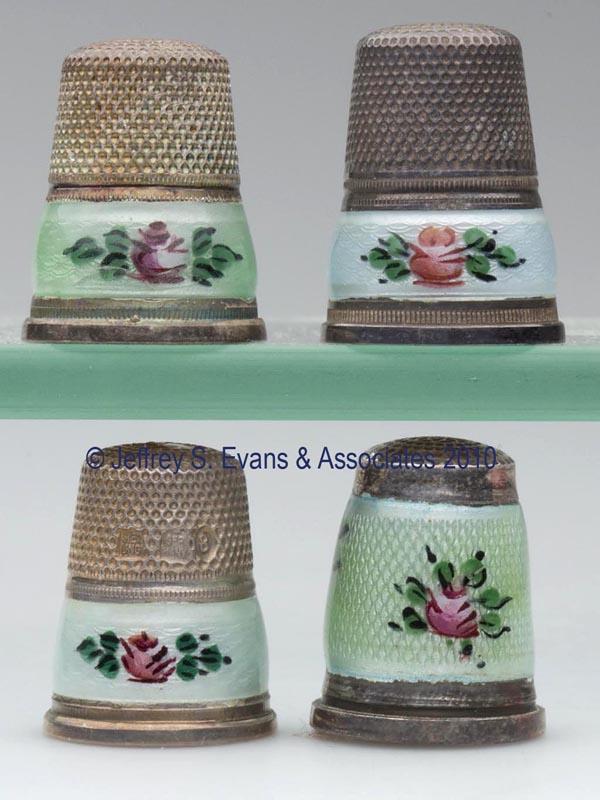 GERMAN GABLER BROTHERS ENAMEL ON STERLING SILVER T: GERMAN GABLER BROTHERS ENAMEL ON STERLING SILVER THIMBLES, LOT OF FOUR, three with narrow bands and one with wide band, green and light blue grounds with pink roses. Each with maker's mark on cap. Lat