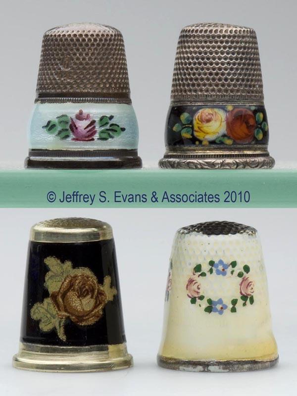 GERMAN ENAMELED THIMBLES, LOT OF FOUR: GERMAN ENAMELED THIMBLES, LOT OF FOUR, consisting of one narrow and one wide band, each with black ground; a narrow band with pale green ground; and a wide band with yellow ground. Each with pink rose