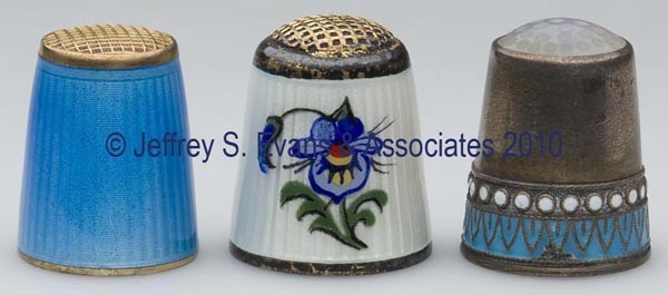 NORWEGIAN ENAMEL ON STERLING SILVER THIMBLES, LOT : NORWEGIAN ENAMEL ON STERLING SILVER THIMBLES, LOT OF THREE, consisting of two David Anderson examples including one featuring white beading over turquoise enamel and a moonstone color stone cap, and t