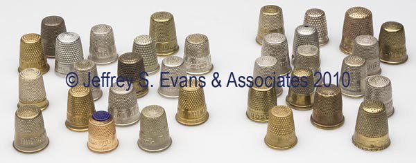ADVERTISING / SOUVENIR BRASS AND METAL THIMBLES, L: ADVERTISING / SOUVENIR BRASS AND METAL THIMBLES, LOT OF 33, consisting of 16 "The Prudential Life Insurance"; three "Gold Thimble Scotch"; two English "Her Majesty Thimble"; two "Isles' Patent", inclu
