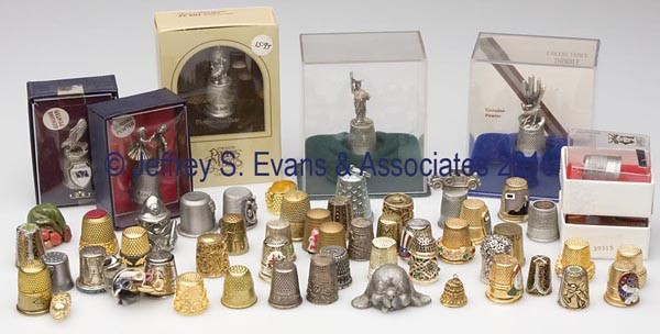 VARIOUS METALS THIMBLES, LOT OF 56: VARIOUS METALS THIMBLES, LOT OF 56, including novelty examples. 20th century. Various sizes. Provenance: Collection of the late Fern I. Hill.