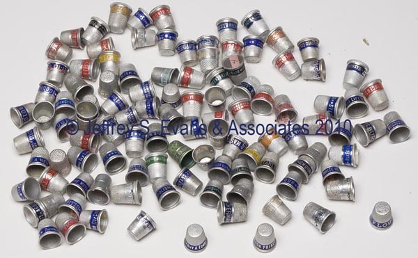 ALUMINUM ADVERTISING THIMBLES, LOT OF 111: ALUMINUM ADVERTISING THIMBLES, LOT OF 111, 37 various goods, 27 various food products, 17 automobile, ten sewing machine, ten political eight various insurance, and two Coca-Cola. 20th century. Variou