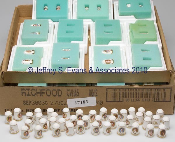 FRANKLIN PORCELAIN CO. BONE CHINA THIMBLES, LOT OF: FRANKLIN PORCELAIN CO. BONE CHINA THIMBLES, LOT OF 86, appears to be two complete sets, "Presidential First Wives", including 22 two-piece sets in original containers. Each with maker's mark. 20th cen