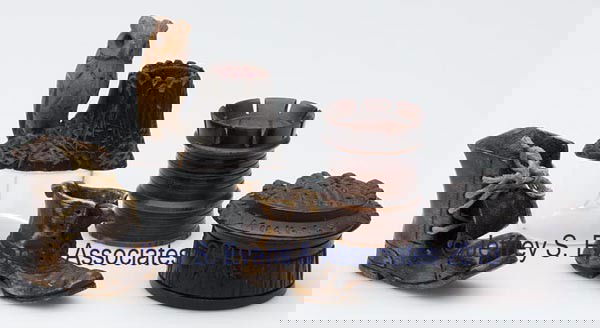 CARVED WOOD FIGURAL THIMBLE HOLDERS, LOT OF FOUR: CARVED WOOD FIGURAL THIMBLE HOLDERS, LOT OF FOUR, consisting of two boots, one impressed "F" on the sole; an owl on a stump, impressed on base with what appears to be "INNEBRUCK"; and a crown-form exa