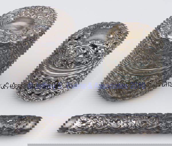 UNGER BROTHERS STERLING SILVER SEWING CONTAINERS,: UNGER BROTHERS STERLING SILVER SEWING CONTAINERS, LOT OF THREE, each with scroll-work pattern, consisting of a needle case; a spool holder with tiny hole for dispensing thread; and a thimble holder wi