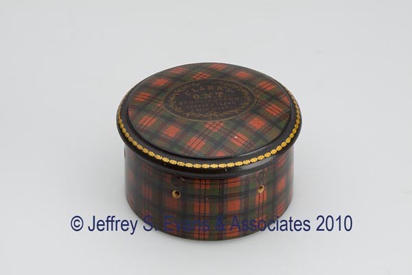 J. DUFF TARTANWARE SPOOL CONTAINER: J. DUFF TARTANWARE SPOOL CONTAINER, interior fitted with six wooden reels and a thimble holder, each with an eyelet for dispensing thread and with size label, cover with "CLARK'S O. N. T. SPOOL COTTON