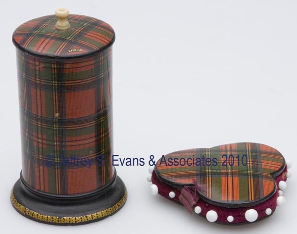 STUART TARTANWARE SEWING CONTAINERS, LOT OF TWO: STUART TARTANWARE SEWING CONTAINERS, LOT OF TWO, consisting of a pin cushion and a spool holder with bone/ivory handle, each with manufacturer stamp. Second half 19th century. Pin cushion 2 1/4" dia o