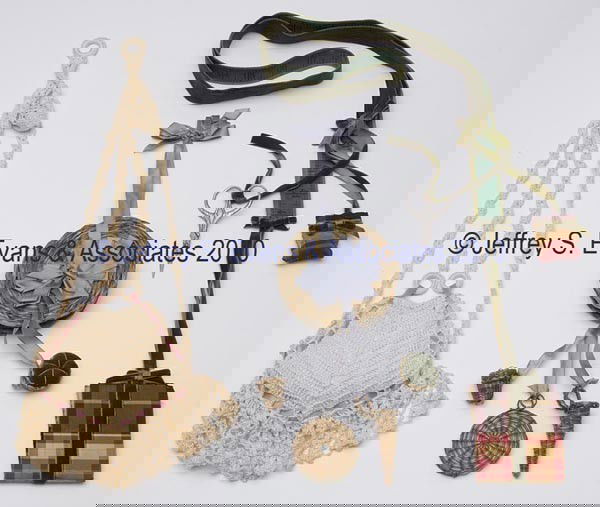 VARIOUS CHATELAINES, LOT OF THREE: VARIOUS CHATELAINES, LOT OF THREE, consisting of a woven wicker with grey silk ribbons containing a needle book, a pin cushion, a scissor sheaf, and a thimble case; a green velvet covered measuring ta