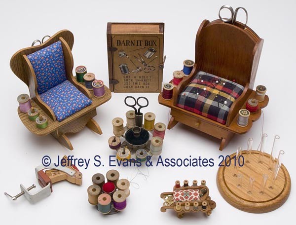 METAL AND WOOD SEWING ARTICLES, LOT OF EIGHT: METAL AND WOOD SEWING ARTICLES, LOT OF EIGHT, consisting of two wooden rocking-chair-form and a wheelbarrow-form spool/pin cushion combination holders; two metal spool holders with pin cushions, inclu