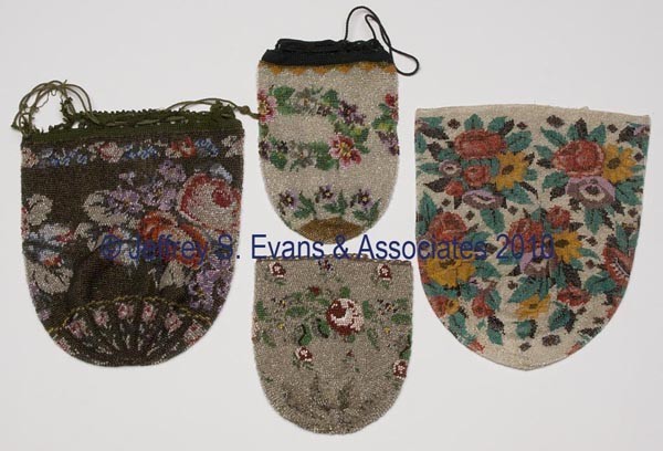 FOUR ASSORTED LADY'S BEADED PURSES: FOUR ASSORTED LADY'S BEADED PURSES, draw-string style, each with polychrome floral design, not lined. First half 20th century.5" x 6" to 8" x 6 1/2". Provenance: Hilda Fried estate, New York City.