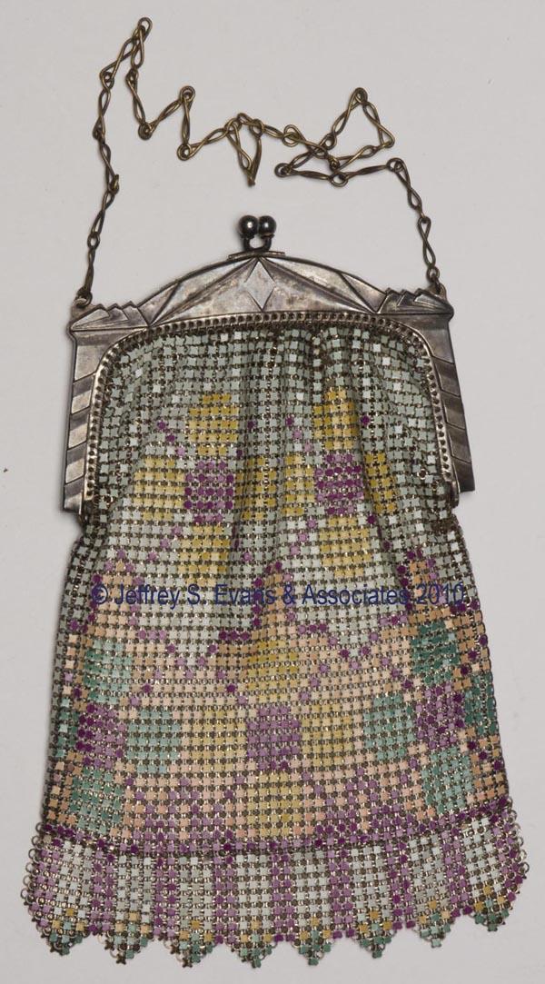 WHITING & DAVIS LADY'S MESH PURSE: WHITING & DAVIS LADY'S MESH PURSE, polychrome enamel Art Deco decoration, silver-plate frame, unlined, marked twice on frame, original chain. First half 20th century. 4 1/4" x 6 1/2".