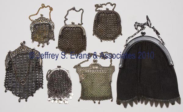 SEVEN ASSORTED LADY'S MESH PURSES: SEVEN ASSORTED LADY'S MESH PURSES, each with a metal frame, one marked "GER SIL", six chains appear to be original. First quarter 20th century. Largest 7 1/2" x 5 1/2". Provenance: Hilda Fried estate,