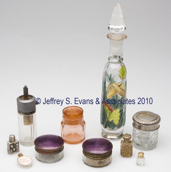 TEN ASSORTED DRESSER ARTICLES: TEN ASSORTED DRESSER ARTICLES, including two enamel on brass lid jars. 20th century.1" TO 10 1/2" h. Provenance: Hilda Fried estate, New York City.