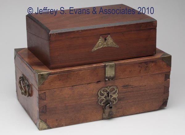 TWO WOODEN WRITING BOXES: TWO WOODEN WRITING BOXES, smallest with fitted interior, largest with brass mounts and lock. 19th century. 8" x 12" and 9" x 15". Provenance: Hilda Fried estate, New York City.