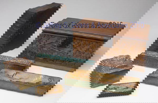 SIX ASSORTED DECORATIVE BOXES: SIX ASSORTED DECORATIVE BOXES, comprised of wooden, brass, tin, and leather-covered examples, hand-painted and other decorative embellishments. 19th and 20th centuries. largest 6" x 11 1/2". Provenanc