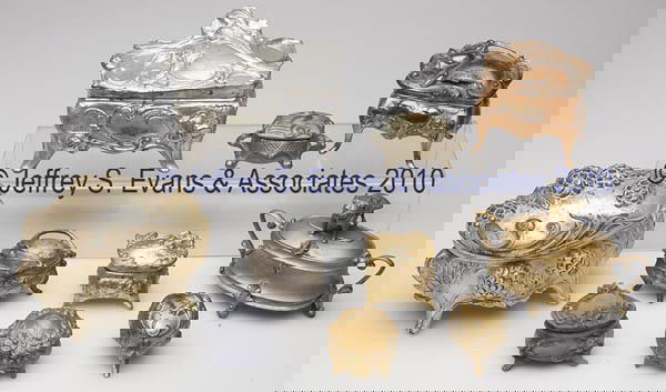 TEN ASSORTED WHITE-METAL DRESSER BOXES: TEN ASSORTED WHITE-METAL DRESSER BOXES, Art Nouveau and other motifs, several with maker's mark, some with fabric interior. 20th century. 1 1/2" to 4 1/4" h. Provenance: Hilda Fried estate, New York C