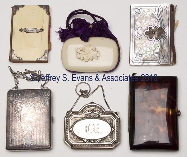 SIX ASSORTED LADY'S CASES / PURSES: SIX ASSORTED LADY'S CASES / PURSES, including silver-like, ivory, mother-of-pearl, celluloid, and tortoise shell, interiors with card slots, aide memoires, etc. 19th and 20th centuries. 2" x 3 1/2" to