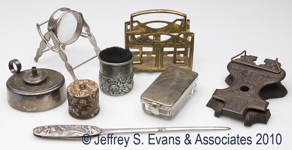 EIGHT ASSORTED DESK ACCESSORIES: EIGHT ASSORTED DESK ACCESSORIES, including silver-plated, brass, and iron examples. 19th and 20th centuries. Various sizes. Provenance: Hilda Fried estate, New York City.