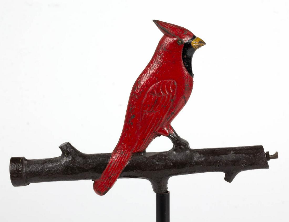 RARE AMERICAN CAST-IRON FIGURAL CARDINAL ON BRANCH LAWN (1 of 4)
