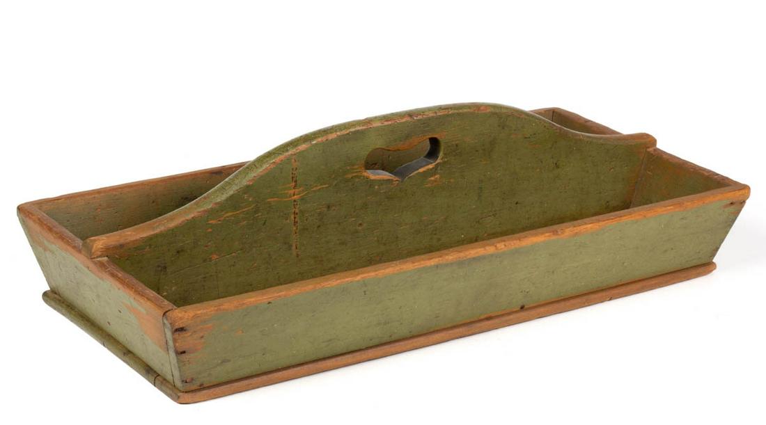 AMERICAN PAINTED PINE DIVIDED CARRIER: AMERICAN PAINTED PINE DIVIDED CARRIER, unusual large rectangular form of nailed construction, featuring canted sides and central divider with cut-out handle. Retains likely original green-painted surf