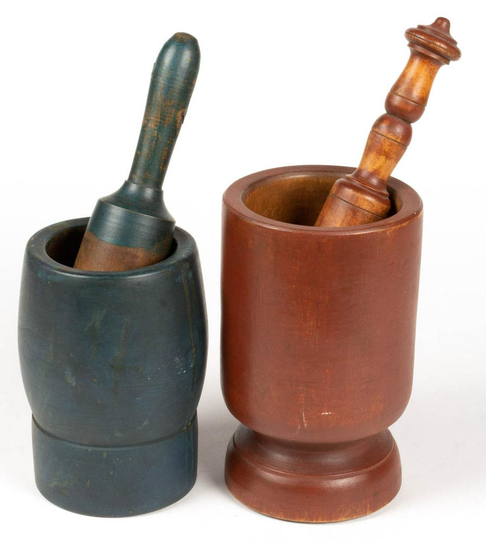AMERICAN PAINTED TREEN MORTAR AND PESTLE, LOT OF TWO (1 of 3)