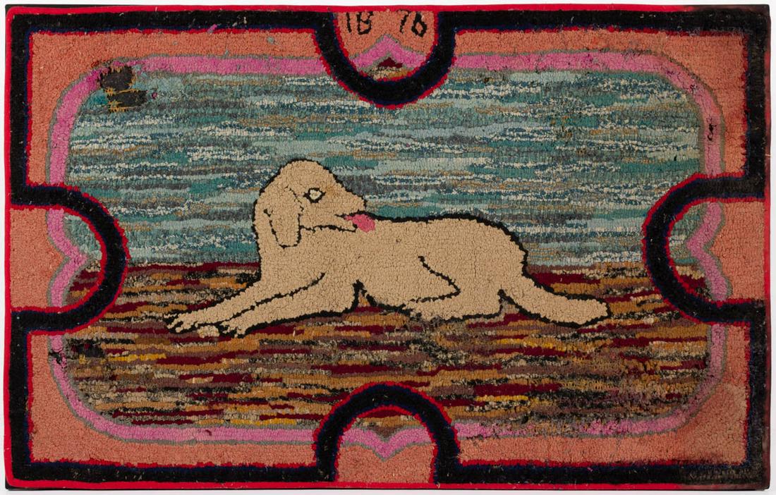 AMERICAN FOLK ART DATED DOG PICTORIAL HOOKED RUG: AMERICAN FOLK ART DATED DOG PICTORIAL HOOKED RUG, rectangular form, depicting a recumbent dog, stylized border to all four sides, dated "1876" in top center, applied binding to edges. Mounted to fabri