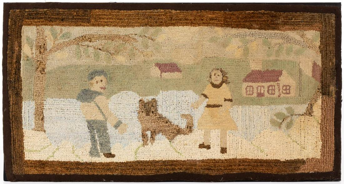 AMERICAN FOLK ART PICTORIAL HOOKED RUG: AMERICAN FOLK ART PICTORIAL HOOKED RUG, rectangular form, depicting a man and a woman standing next to a cat or a dog in a landscape setting, featuring trees and buildings, border to all of sides and 