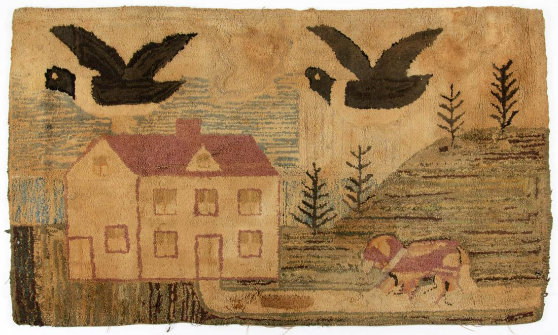 AMERICAN FOLK ART PICTORIAL HOOKED RUG: AMERICAN FOLK ART PICTORIAL HOOKED RUG, rectangular form, depicting a landscape scene featuring a white house to the left and a dog walking towards it from the right, mountains in the background with 