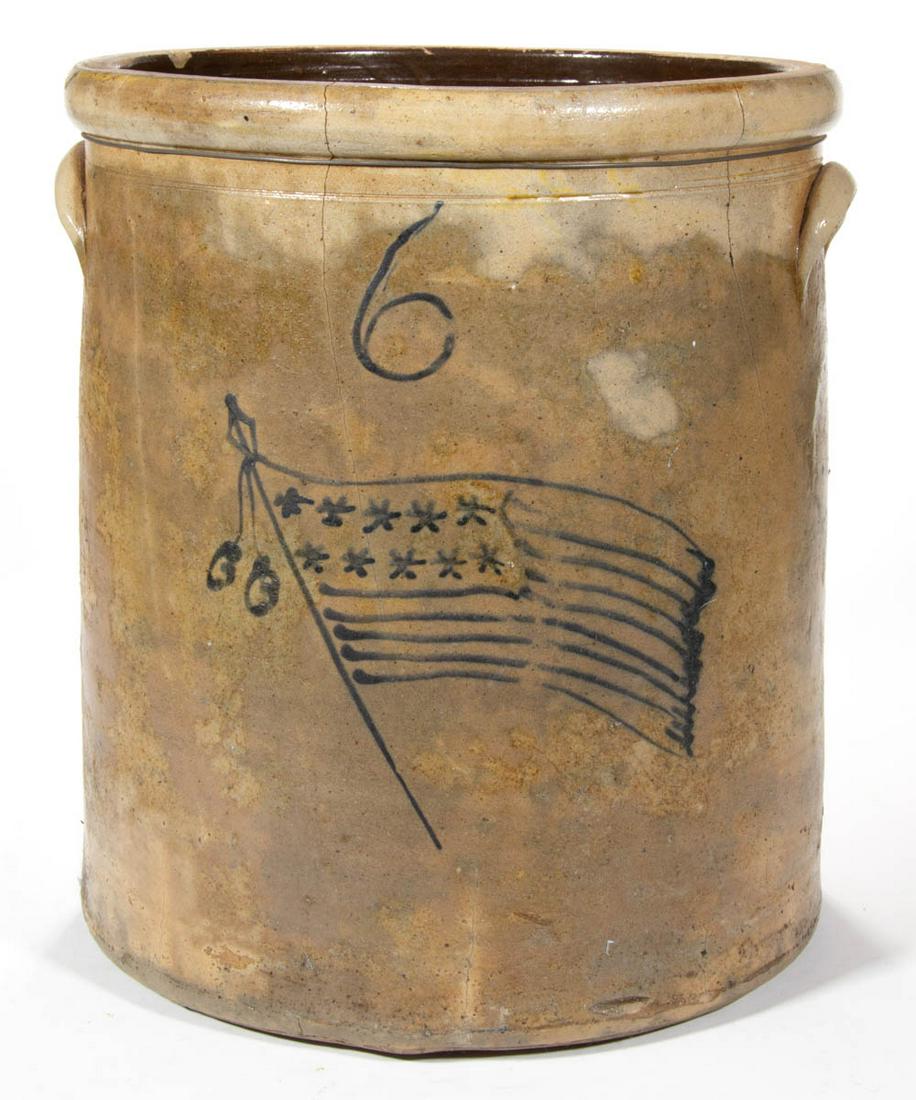 AMERICAN PATRIOTIC DECORATED STONEWARE CROCK: AMERICAN PATRIOTIC DECORATED STONEWARE CROCK, salt-glazed, designated six-gallon capacity, cylindrical form with rounded flat-top rim, double incised neck ring, applied arched handles, and Albany-slip