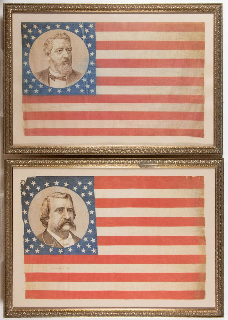 PAIR OF BLAINE-LOGAN PRESIDENTIAL CAMPAIGN FLAG BANNERS: PAIR OF BLAINE-LOGAN PRESIDENTIAL CAMPAIGN FLAG BANNERS, printed glazed muslin, horizontal format featuring 13 stripes and blue canton bearing portrait of candidate surrounded by 38 stars, marked "PAT