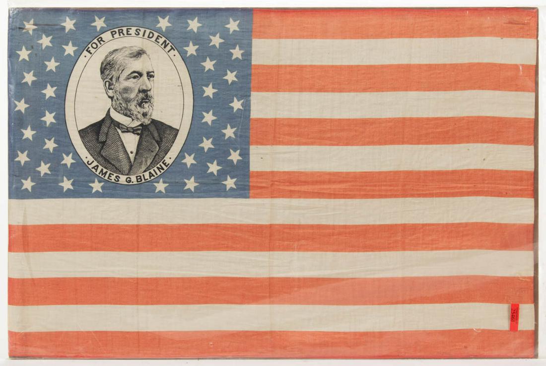 JAMES BLAINE PRESIDENTIAL CAMPAIGN FLAG BANNER: JAMES BLAINE PRESIDENTIAL CAMPAIGN FLAG BANNER, printed silk, horizontal format featuring 13 red and white stripes and blue canton bearing portrait of candidate surrounded by 38 stars. Unframed. 1884.