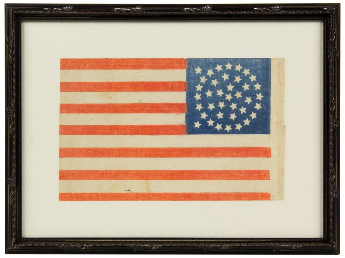 38-STAR AMERICAN NATIONAL COLORADO STATEHOOD PARADE: 38-STAR AMERICAN NATIONAL COLORADO STATEHOOD PARADE FLAG, printed glazed muslin, blue canton featuring "Triple Wreath" or "Global" pattern with two outliers, fly with 13 red and white stripes. Conserv