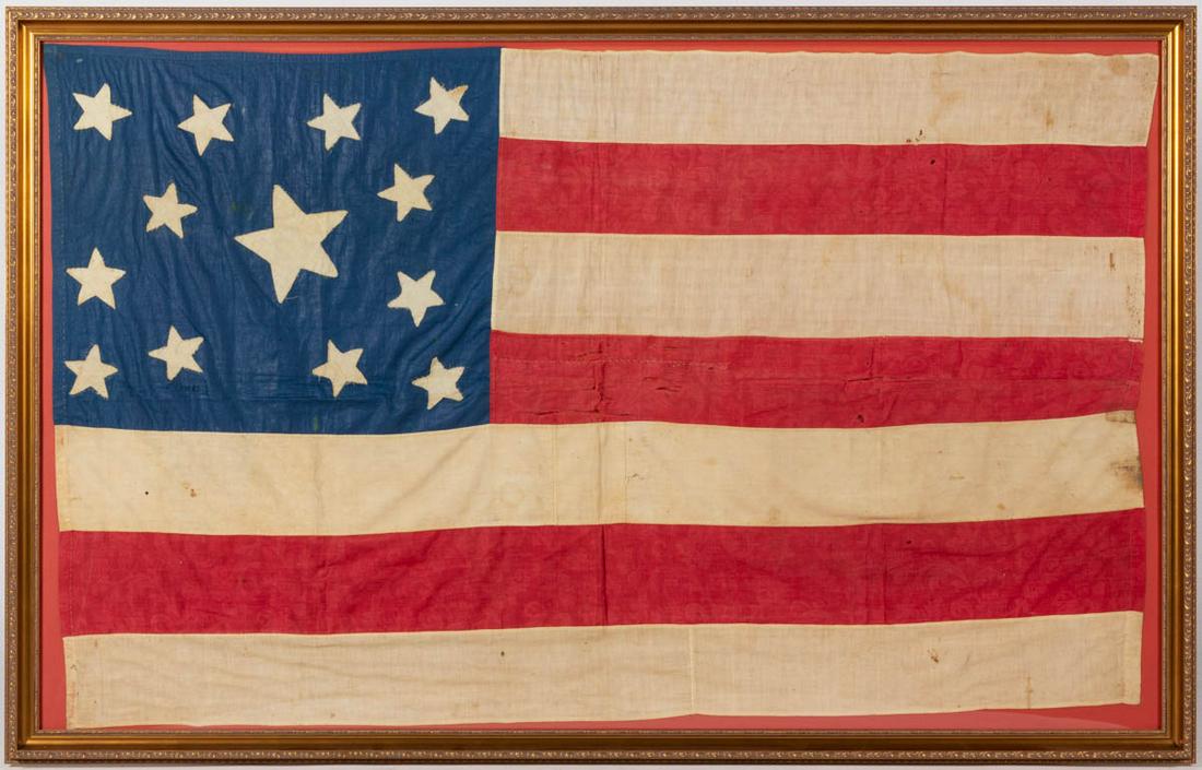 SCARCE SOUTHERN 13-STAR PROTO-CONFEDERATE: SCARCE SOUTHERN 13-STAR PROTO-CONFEDERATE "INCLUSIONARY" FLAG, entirely hand-sewn cotton, the blue canton featuring hand-cut double-appliqued stars arranged in a folky circular wreath/medallion with l