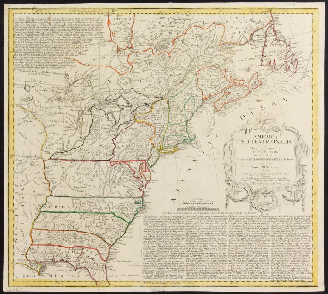 HEIRS OF JOHANN BAPTIST HOMANN (GERMAN, 1664-1724) MAP: HEIRS OF JOHANN BAPTIST HOMANN (GERMAN, 1664-1724) MAP OF THE COLONIES, hand-colored engraving on laid paper, "America Septentrionalis", map of the British Colonies during the American Revolutionary W