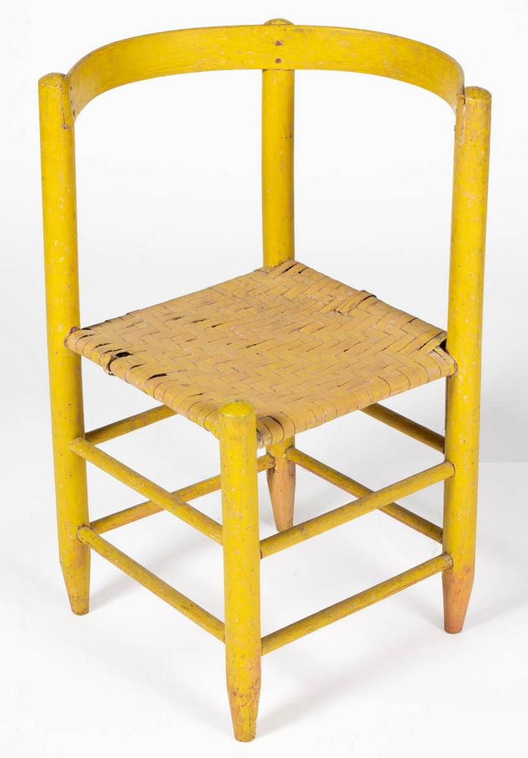 SOUTHERN APPALACHIA PAINTED COUNTRY CORNER CHAIR: SOUTHERN APPALACHIA PAINTED COUNTRY CORNER CHAIR, maple and white oak, bentwood single slat and simple turned posts/legs joined with double box stretchers, original woven white-oak splint seat. Old ch