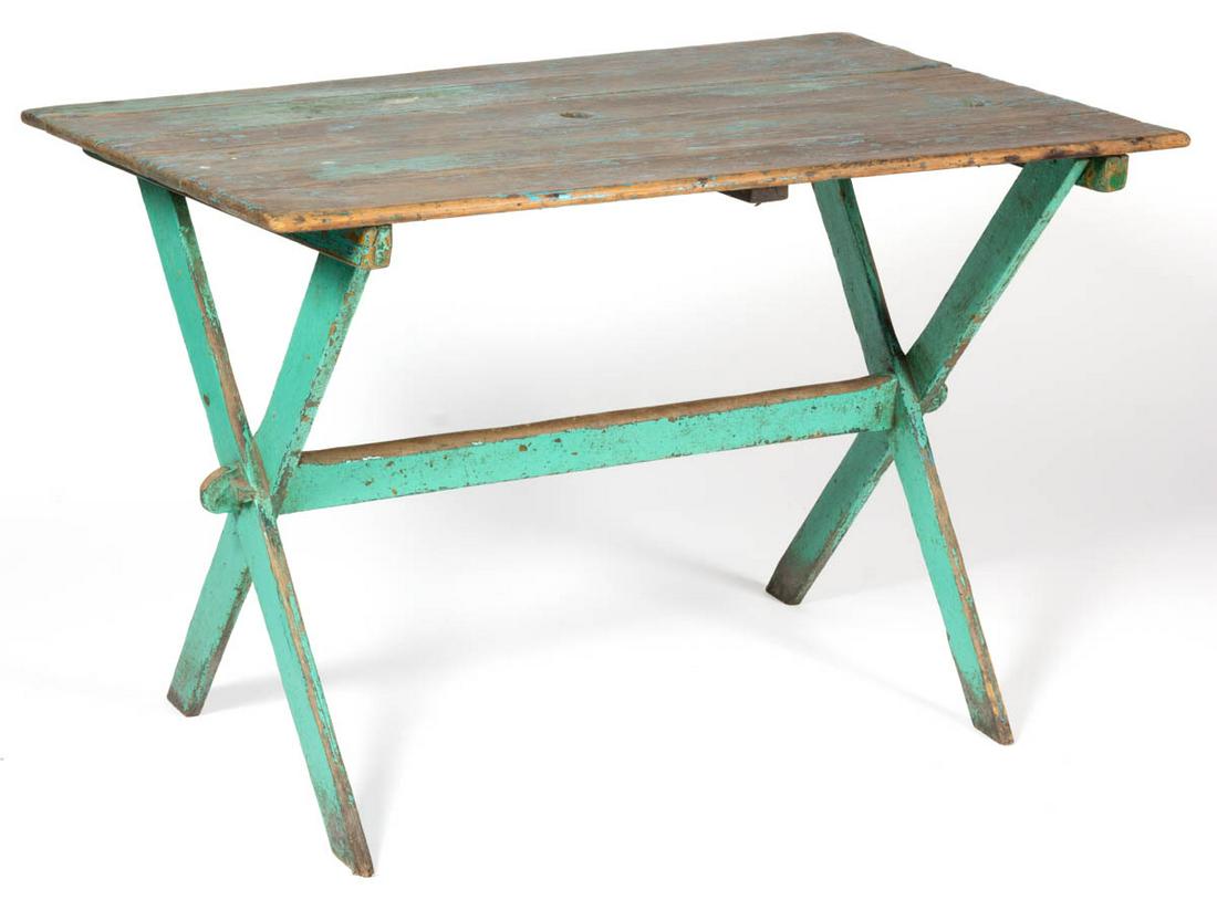 PENNSYLVANIA PAINTED PINE SAWBUCK TABLE: PENNSYLVANIA PAINTED PINE SAWBUCK TABLE, three-board top raised on X-form legs joined by a center through-mortised and pinned stretcher. Old turquoise blue paint over earlier blue and dark green. Mid 