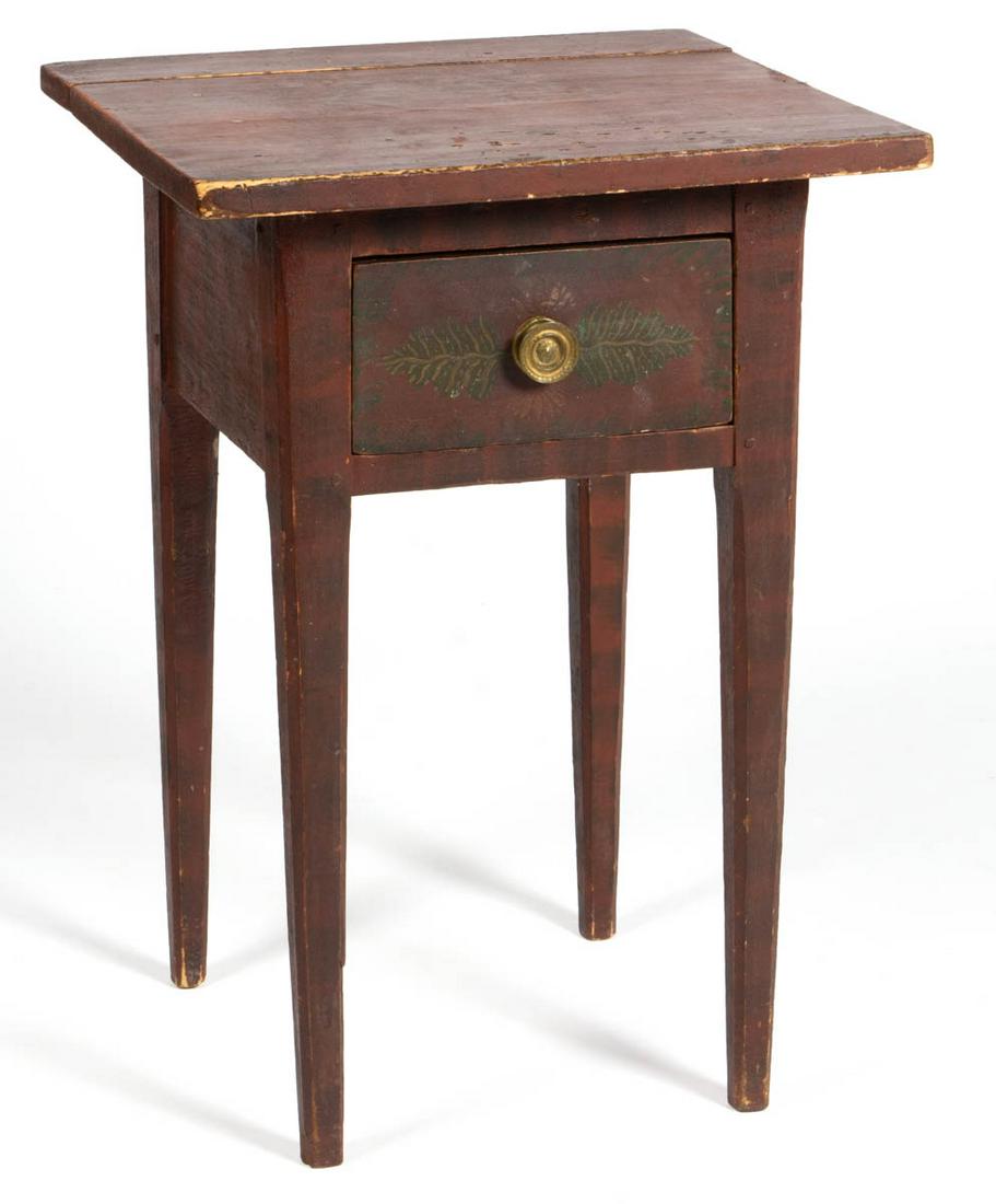 NEW ENGLAND PAINT-DECORATED PINE AND BASSWOOD STAND: NEW ENGLAND PAINT-DECORATED PINE AND BASSWOOD STAND TABLE, rectangular two-board top over a single full drawer fitted with original stamped-brass knob, raised on square-tapered legs with beveled outer