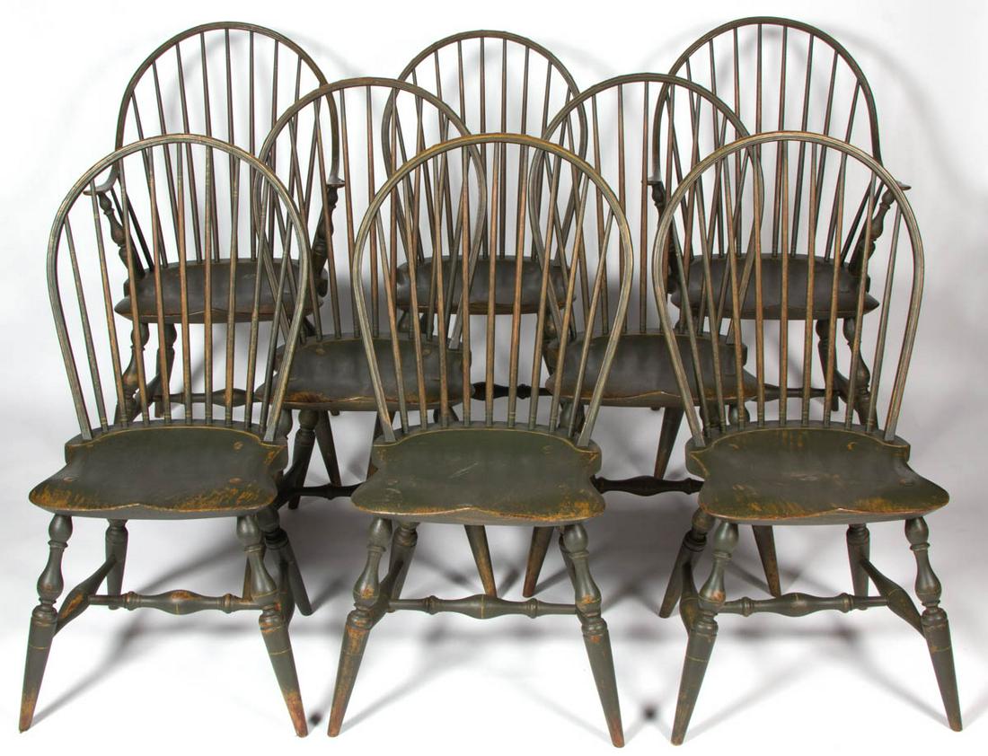NEW HAMPSHIRE REPRODUCTION WINDSOR BOW-BACK CHAIRS, SET: NEW HAMPSHIRE REPRODUCTION WINDSOR BOW-BACK CHAIRS, SET OF EIGHT, comprising two continuous-arm and six side, each with nine-spindle back and shaped saddle seat, raised on boldly turned and splayed le