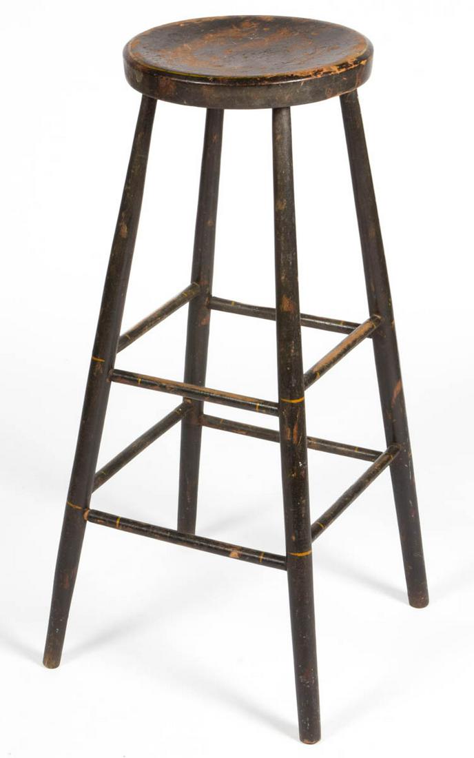 AMERICAN LATE WINDSOR PAINTED MILLER'S STOOL: AMERICAN LATE WINDSOR PAINTED MILLER'S STOOL, pine and maple, high form featuring a slightly concave plank seat raised on tall turned legs joined by two box-form stretchers. Retains original black pai