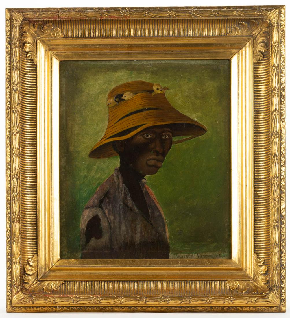AMERICAN SCHOOL (EARLY 20TH CENTURY) FOLK ART BLACK: AMERICAN SCHOOL (EARLY 20TH CENTURY) FOLK ART BLACK AMERICANA PAINTING, oil on board, after a sketch done by Cassius Marcellus Coolidge (American, 1844-1934) that appeared in the February 9, 1878 edit