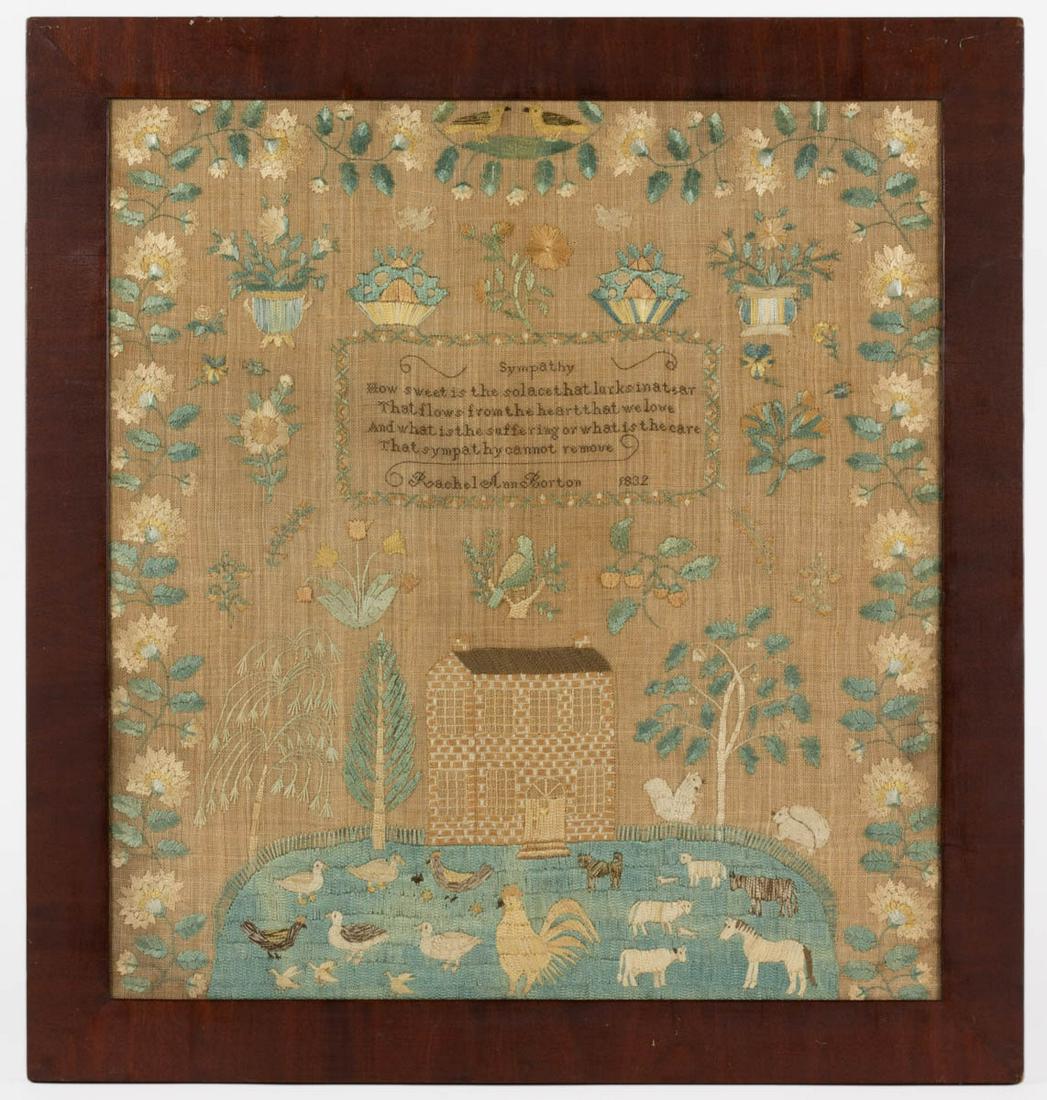 FINE AND RARE BURLINGTON CO., NEW JERSEY QUAKER: FINE AND RARE BURLINGTON CO., NEW JERSEY QUAKER PICTORIAL NEEDLEWORK SAMPLER, silk on linen, featuring a four-line verse titled "Symapthy" and signed below "Rachel Ann Borton 1832" within a scrolling 