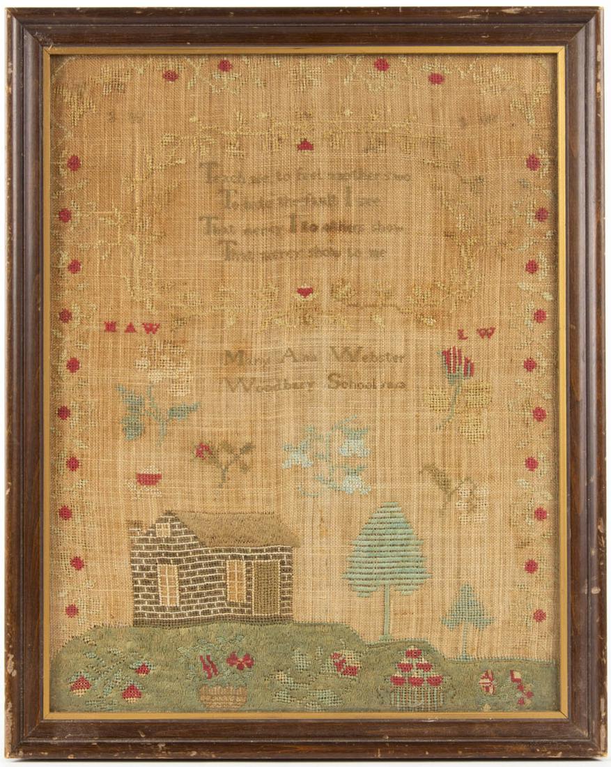 WOODBURY SCHOOL, GLOUCESTER CO., NEW JERSEY QUAKER: WOODBURY SCHOOL, GLOUCESTER CO., NEW JERSEY QUAKER PICTORIAL NEEDLEWORK SAMPLER, silk on linen, top half featuring a four-line verse from "The Universal Prayer" by Alexander Pope (British, 1688-1744)