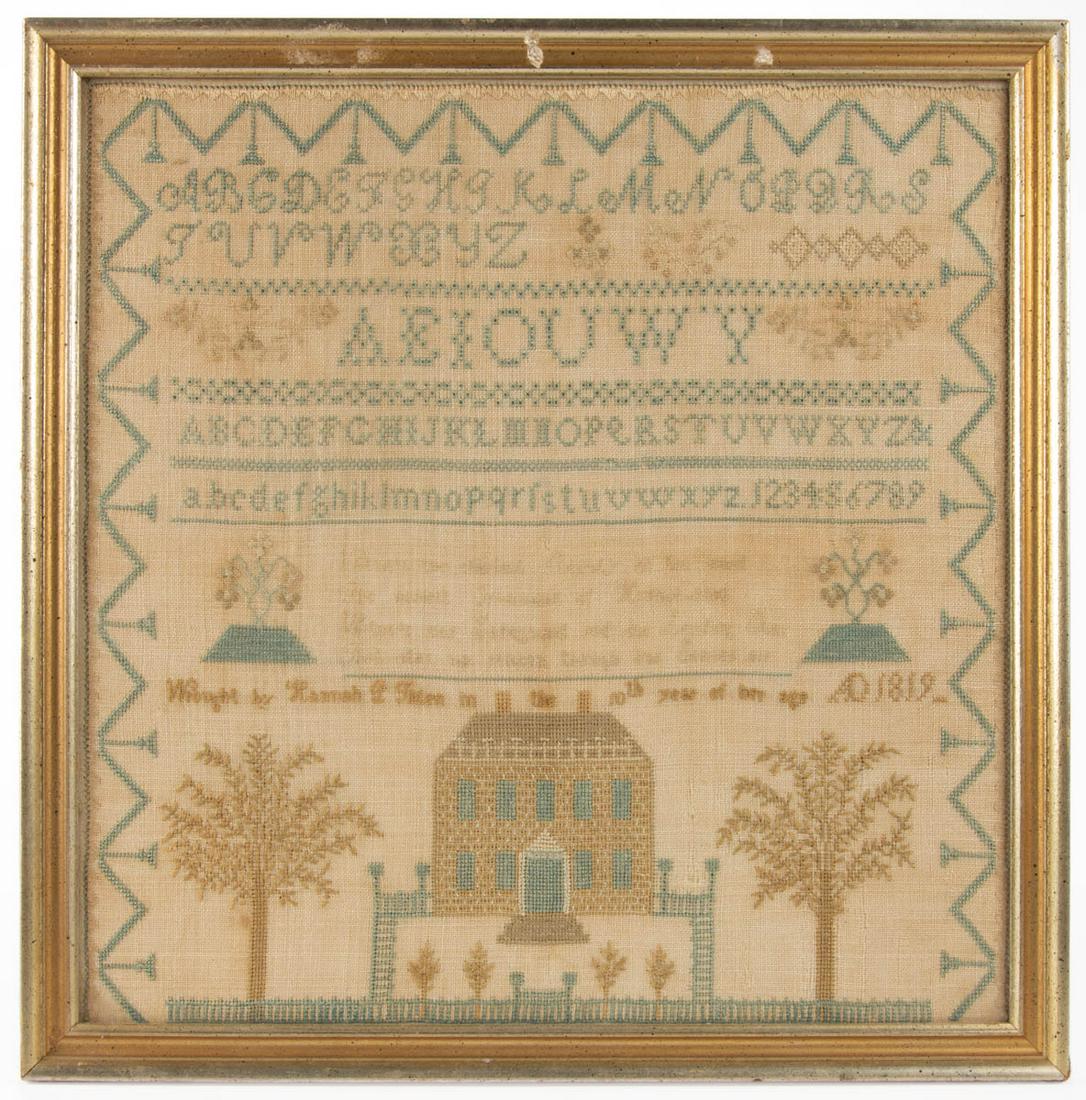 MARSHFIELD, PLYMOUTH CO., MASSACHUSETTS PICTORIAL: MARSHFIELD, PLYMOUTH CO., MASSACHUSETTS PICTORIAL NEEDLEWORK SAMPLER, silk on linen, top half with five alphabet and numeral rows segmented by decorative stitching featuring floral and diamond motifs,