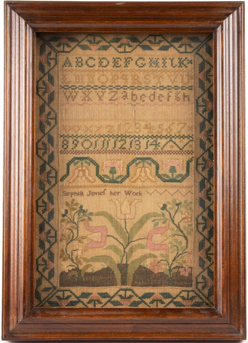 NEW ENGLAND PICTORIAL NEEDLEWORK SAMPLER: NEW ENGLAND PICTORIAL NEEDLEWORK SAMPLER, silk on linen, six alphabet and numeral rows segmented by decorative stitching, center with a scrolling vine band featuring flowers, signed below "Sophia Jone