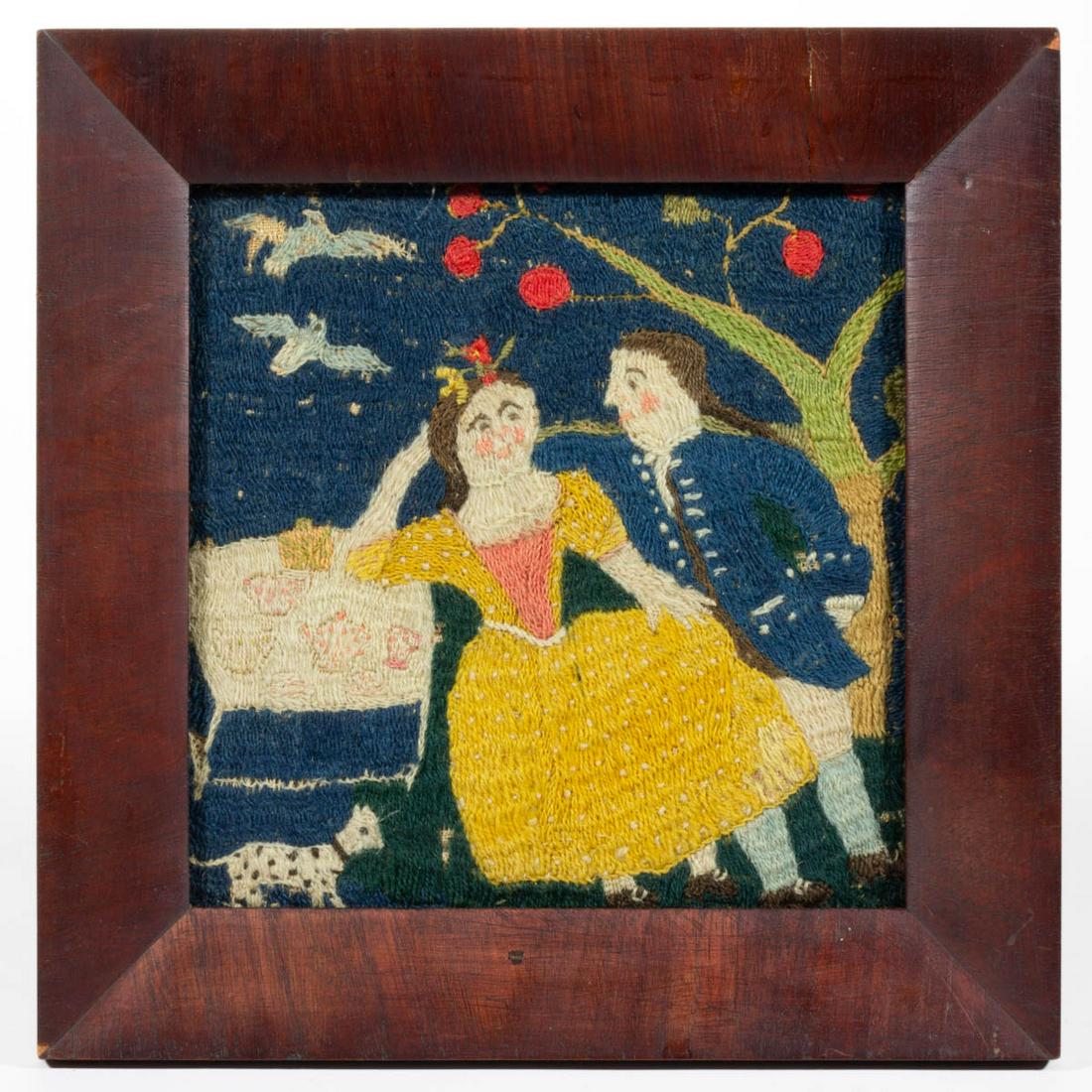 AMERICAN / BRITISH NEEDLEWORK PANEL: AMERICAN / BRITISH NEEDLEWORK PANEL, wool on linen, depicting a couple in period dress, talking under a fruit tree, the woman leans on a table with a tea service including a teapot, featuring two bird