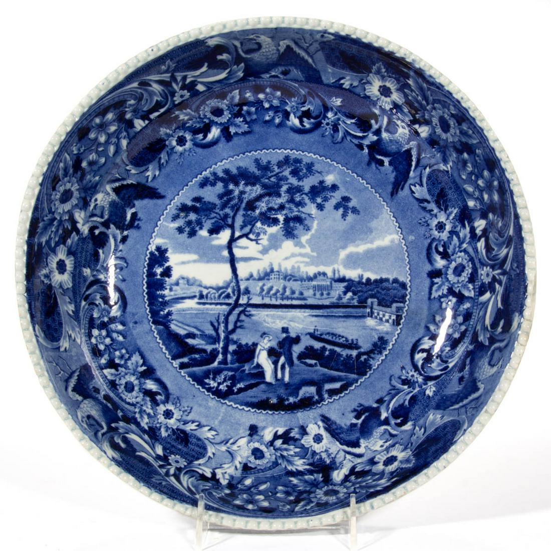 STAFFORDSHIRE AMERICAN VIEW TRANSFER-PRINTED CERAMIC: STAFFORDSHIRE AMERICAN VIEW TRANSFER-PRINTED CERAMIC LARGE BOWL, featuring "Fair Mount / near / Philadelphia", as printed to underside, depicting a couple in foreground with a dam and water works in b
